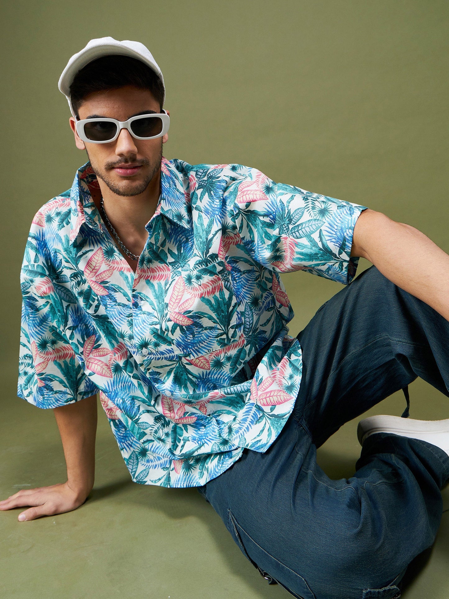 Men Blue & Green Tropical Oversized Shirt