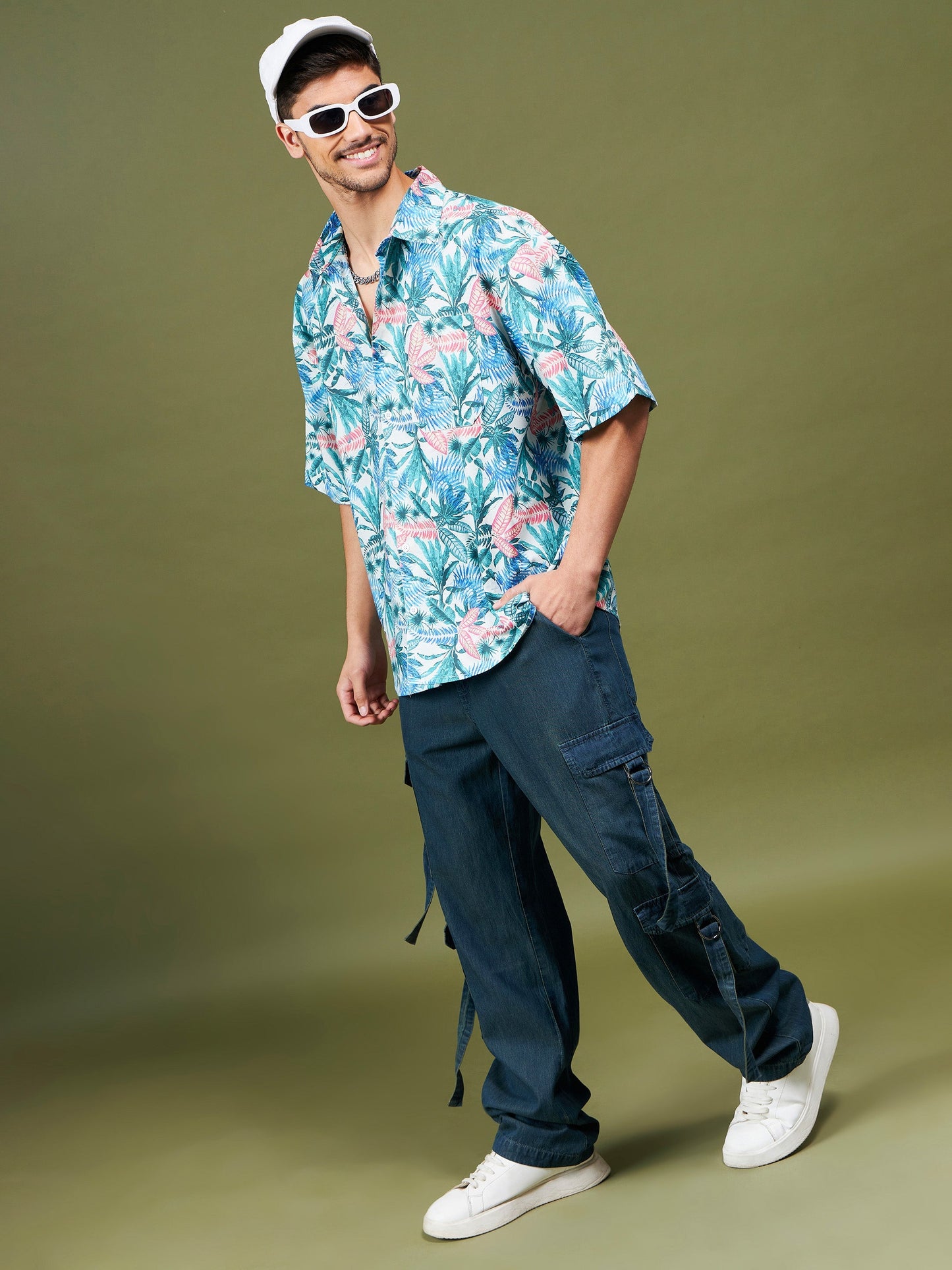 Men Blue & Green Tropical Oversized Shirt