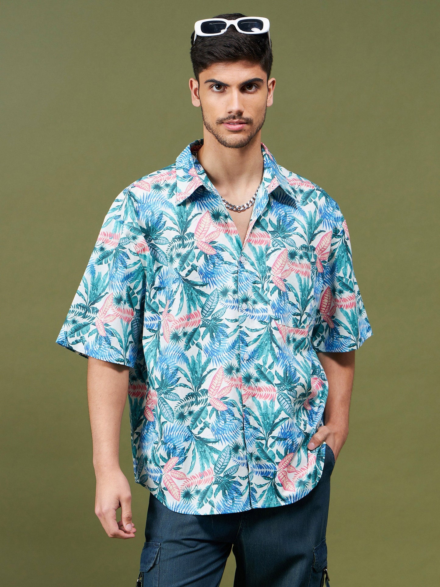 Men Blue & Green Tropical Oversized Shirt