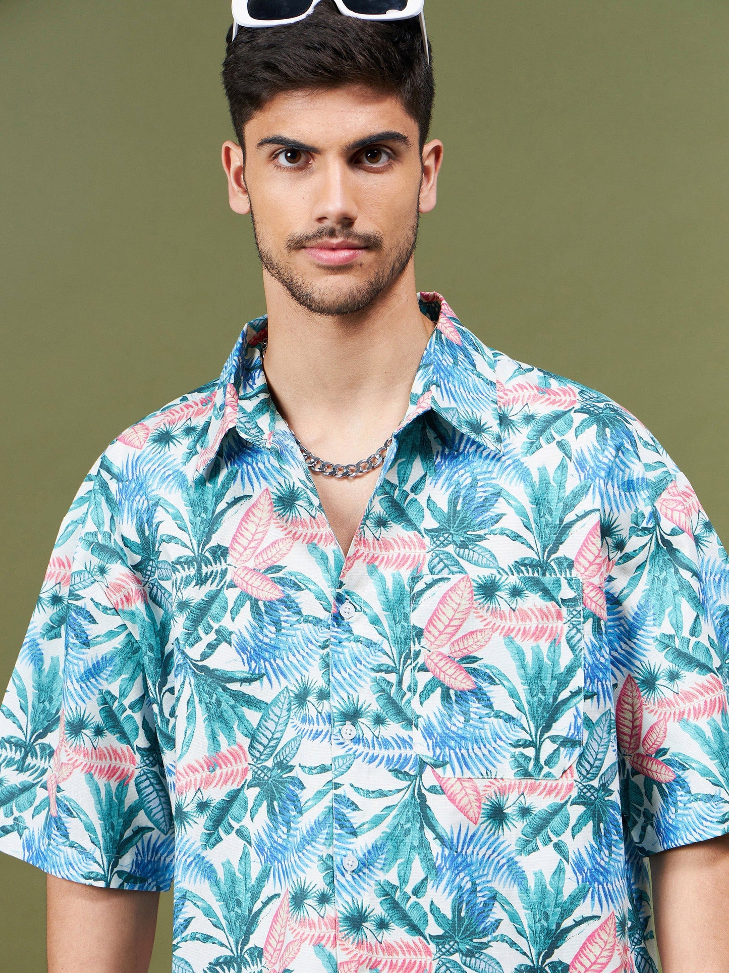 Men Blue & Green Tropical Oversized Shirt