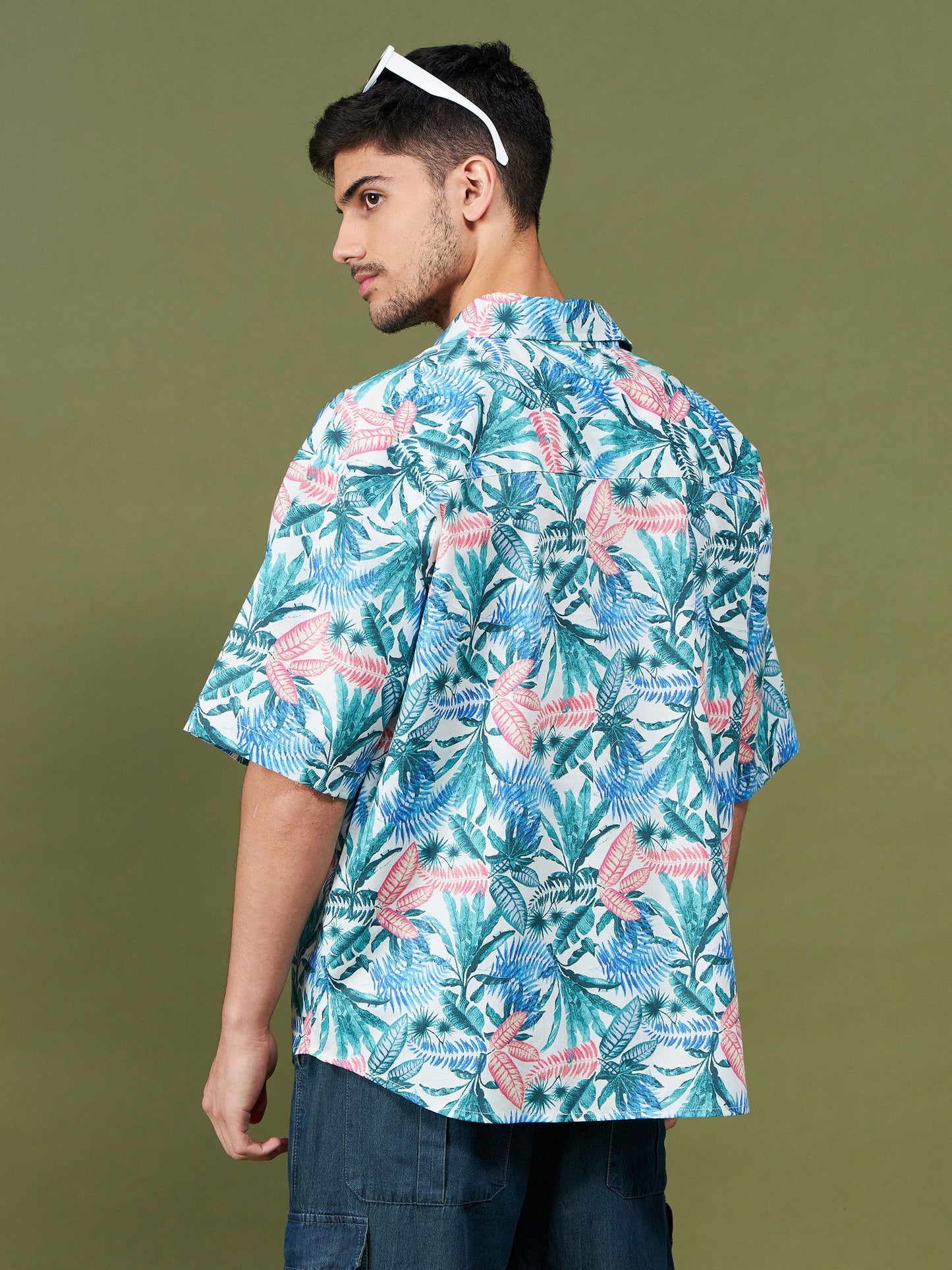 Men Blue & Green Tropical Oversized Shirt