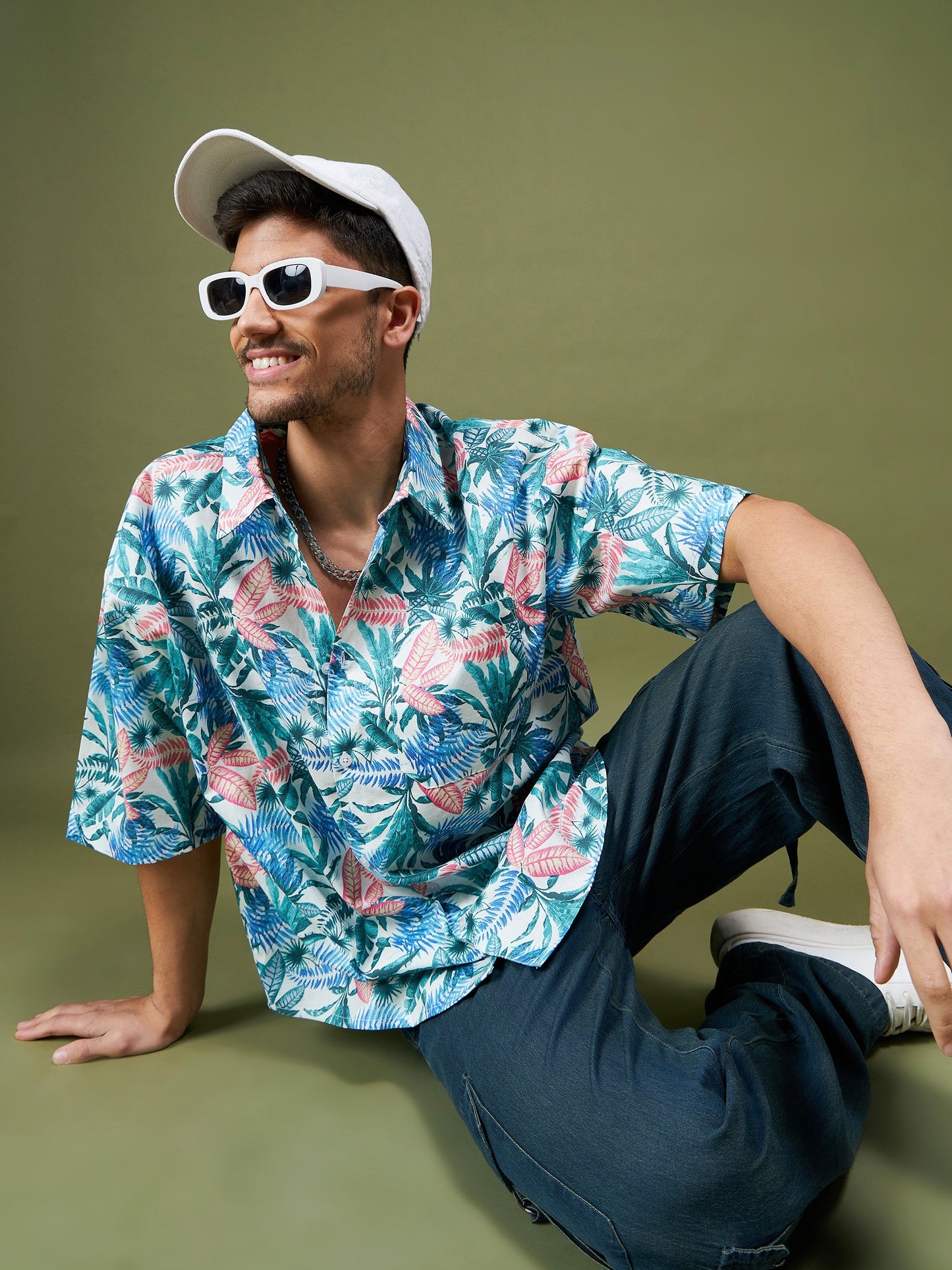 Men Blue & Green Tropical Oversized Shirt