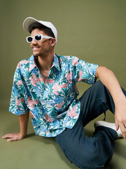 Men Blue & Green Tropical Oversized Shirt