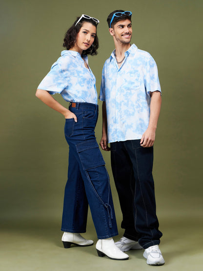 Unisex Blue & White Tie-Dye Print Relax Shirt