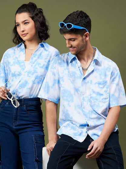Unisex Blue & White Tie-Dye Print Relax Shirt