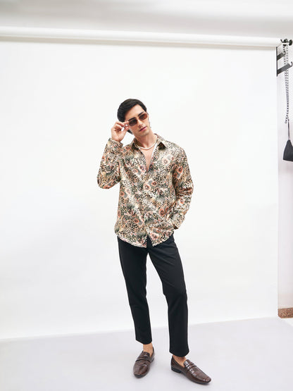 Men Brown Floral Animal Print  Satin Shirt