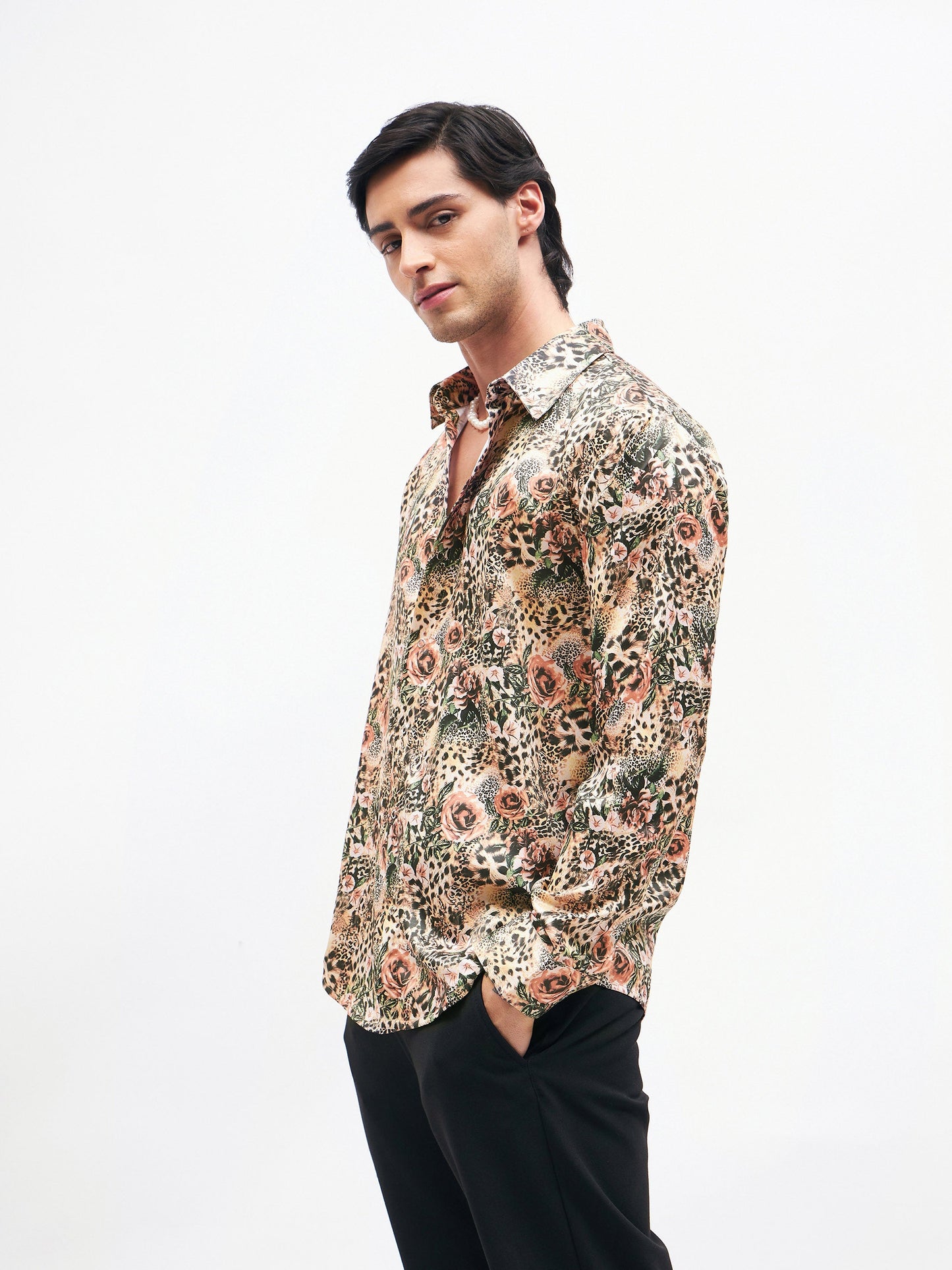 Men Brown Floral Animal Print  Satin Shirt