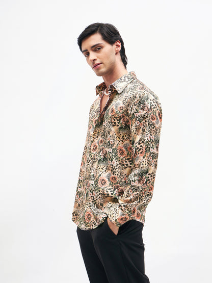 Men Brown Floral Animal Print  Satin Shirt