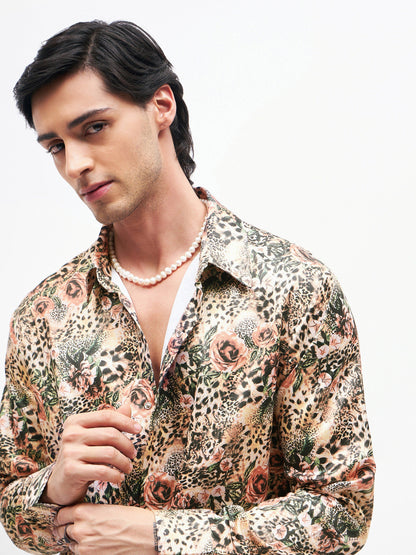 Men Brown Floral Animal Print  Satin Shirt