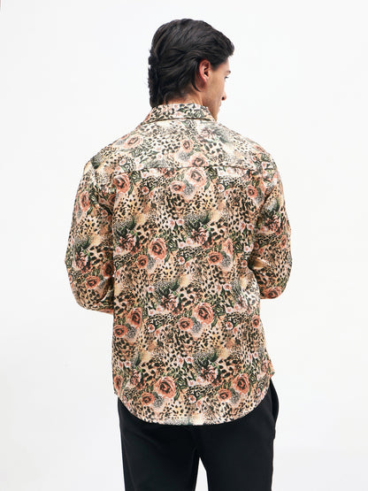 Men Brown Floral Animal Print  Satin Shirt