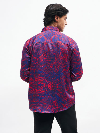 Men Red Marble Print Satin Shirt
