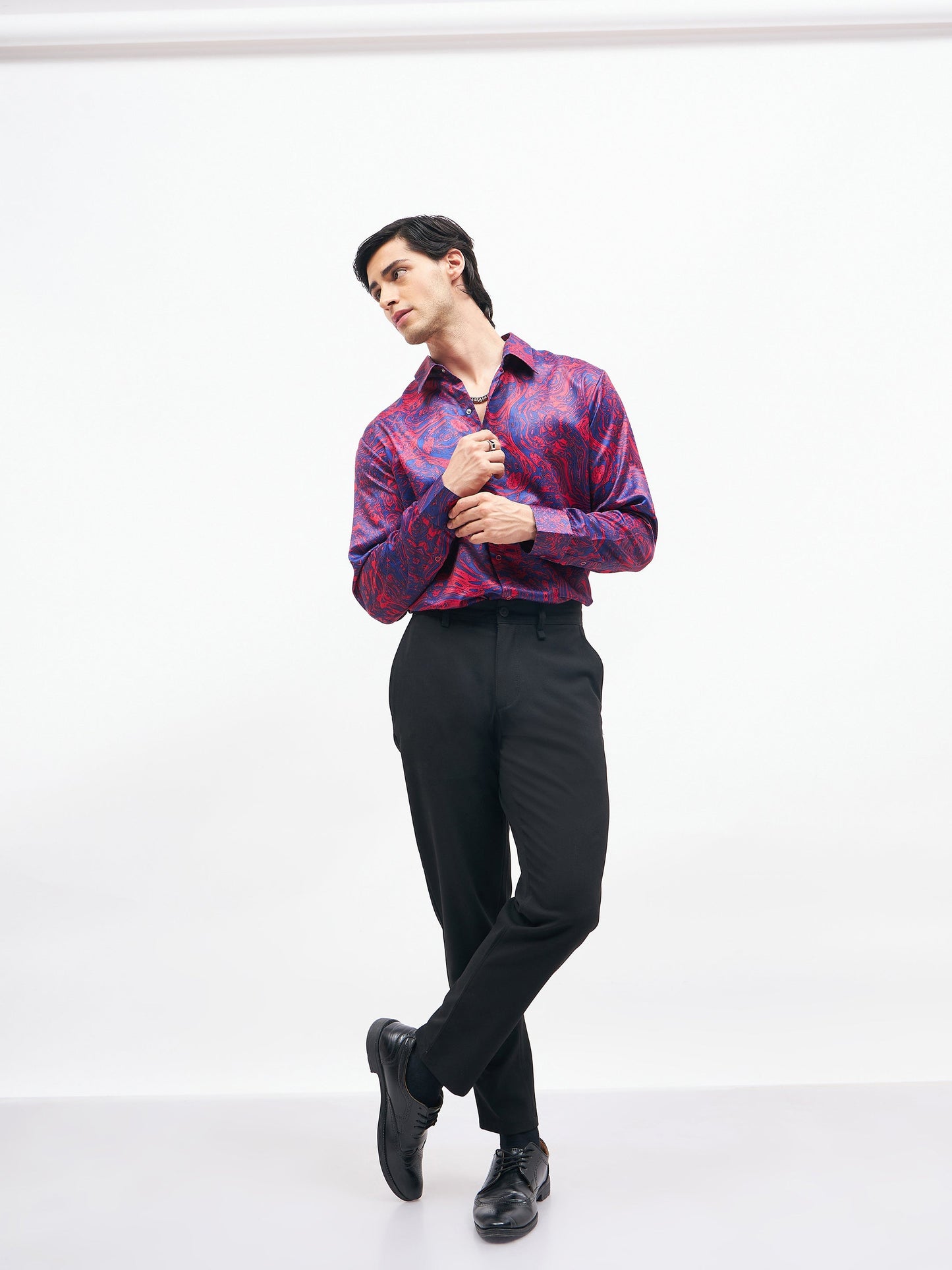 Men Red Marble Print Satin Shirt