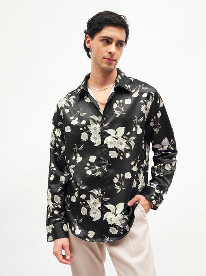 Men Black Floral Satin Shirt