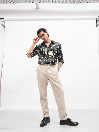 Men Black Floral Satin Shirt