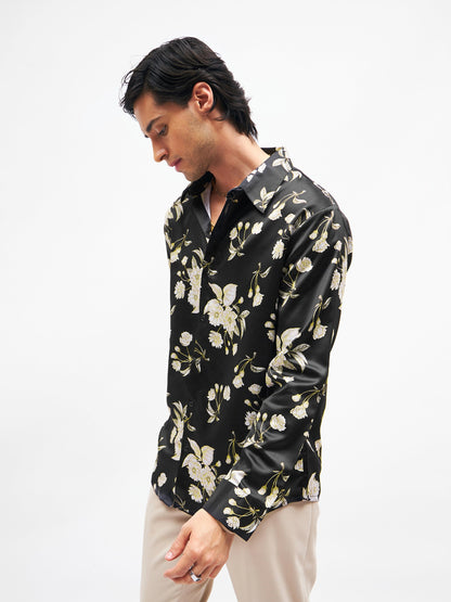 Men Black Floral Satin Shirt