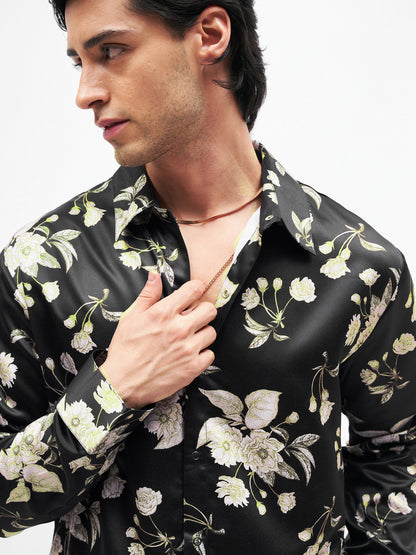 Men Black Floral Satin Shirt
