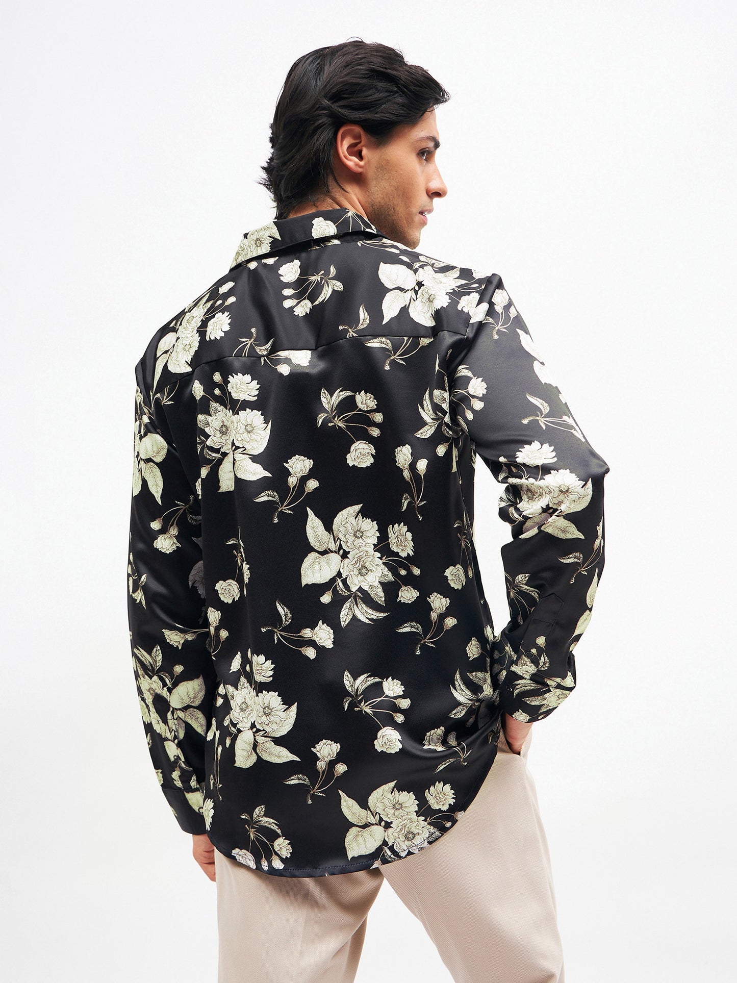 Men Black Floral Satin Shirt