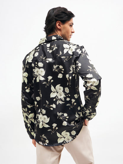 Men Black Floral Satin Shirt