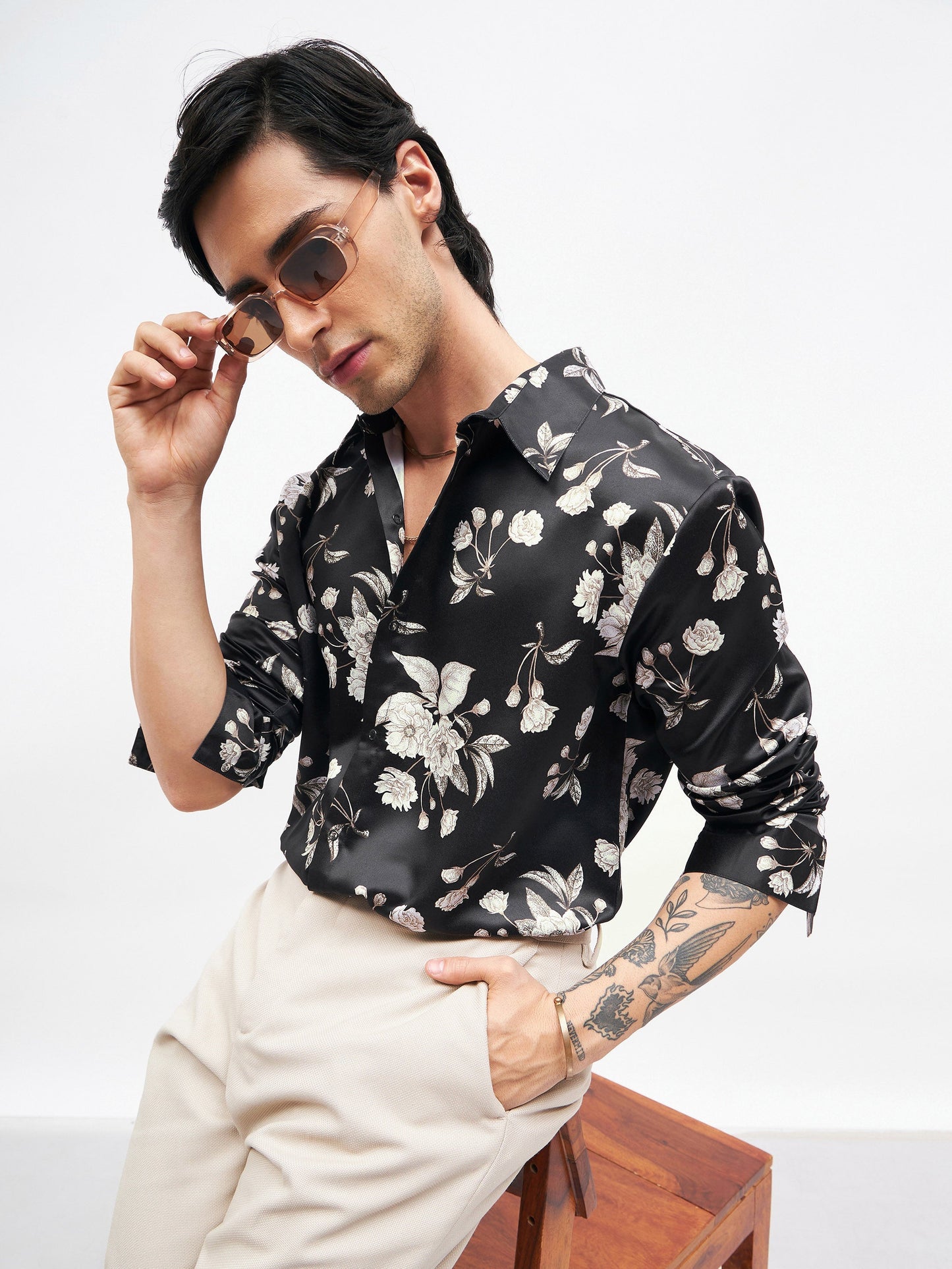 Men Black Floral Satin Shirt