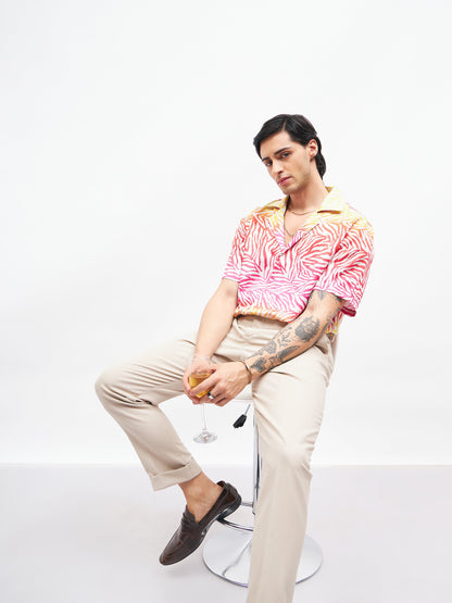 Men Pink Zebra Short Sleeves Satin Shirt