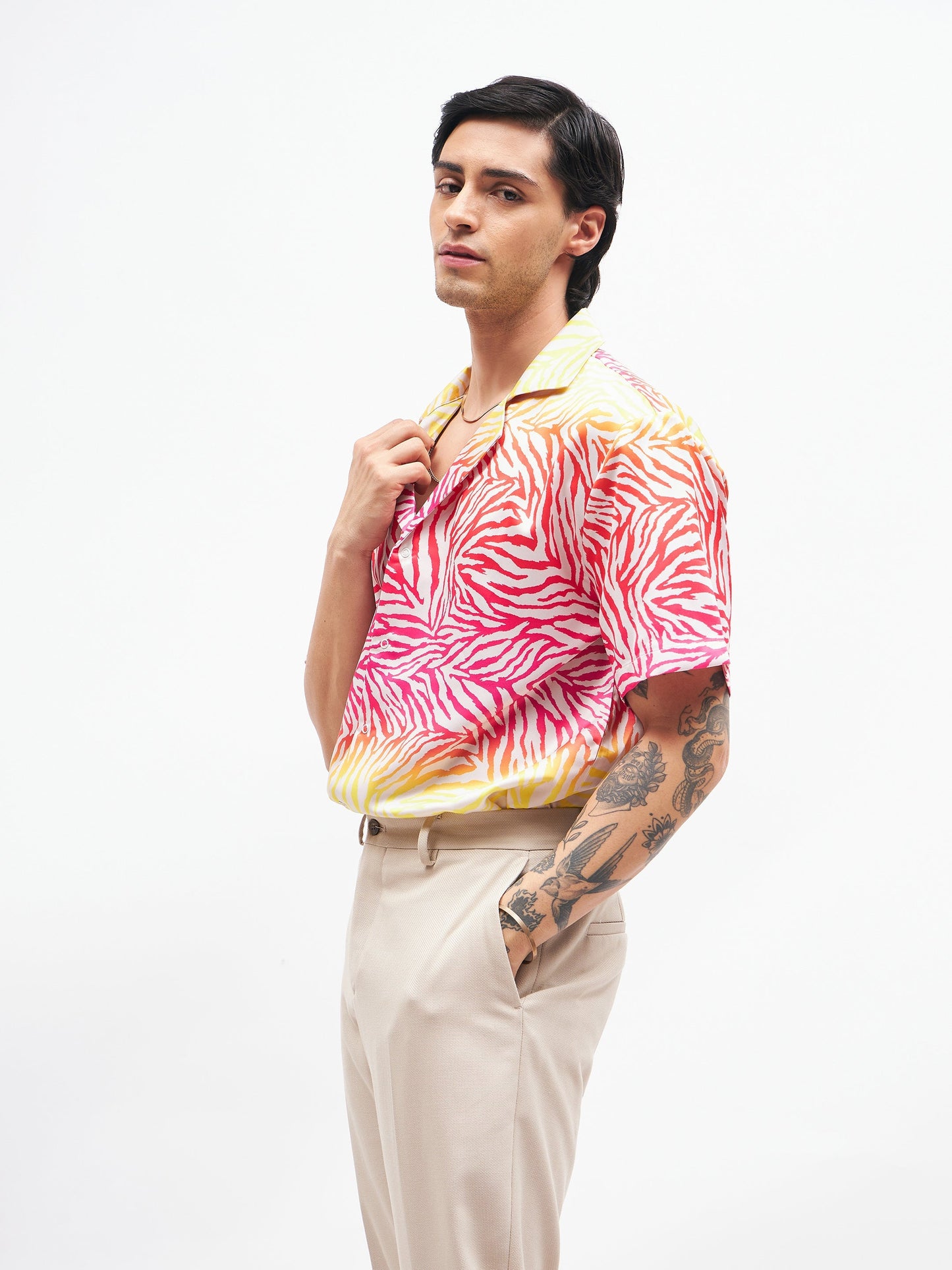 Men Pink Zebra Short Sleeves Satin Shirt