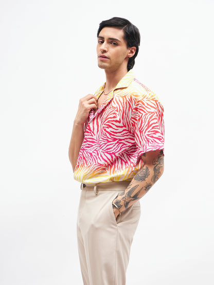 Men Pink Zebra Short Sleeves Satin Shirt