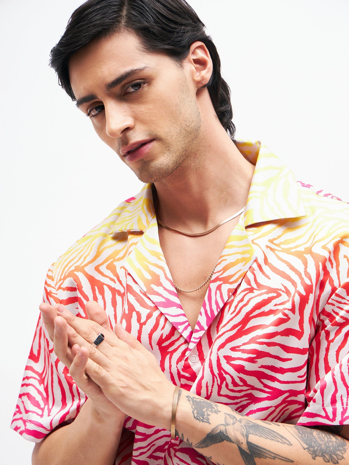 Men Pink Zebra Short Sleeves Satin Shirt