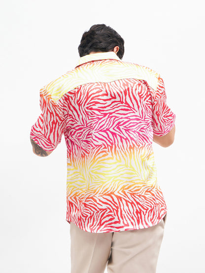 Men Pink Zebra Short Sleeves Satin Shirt