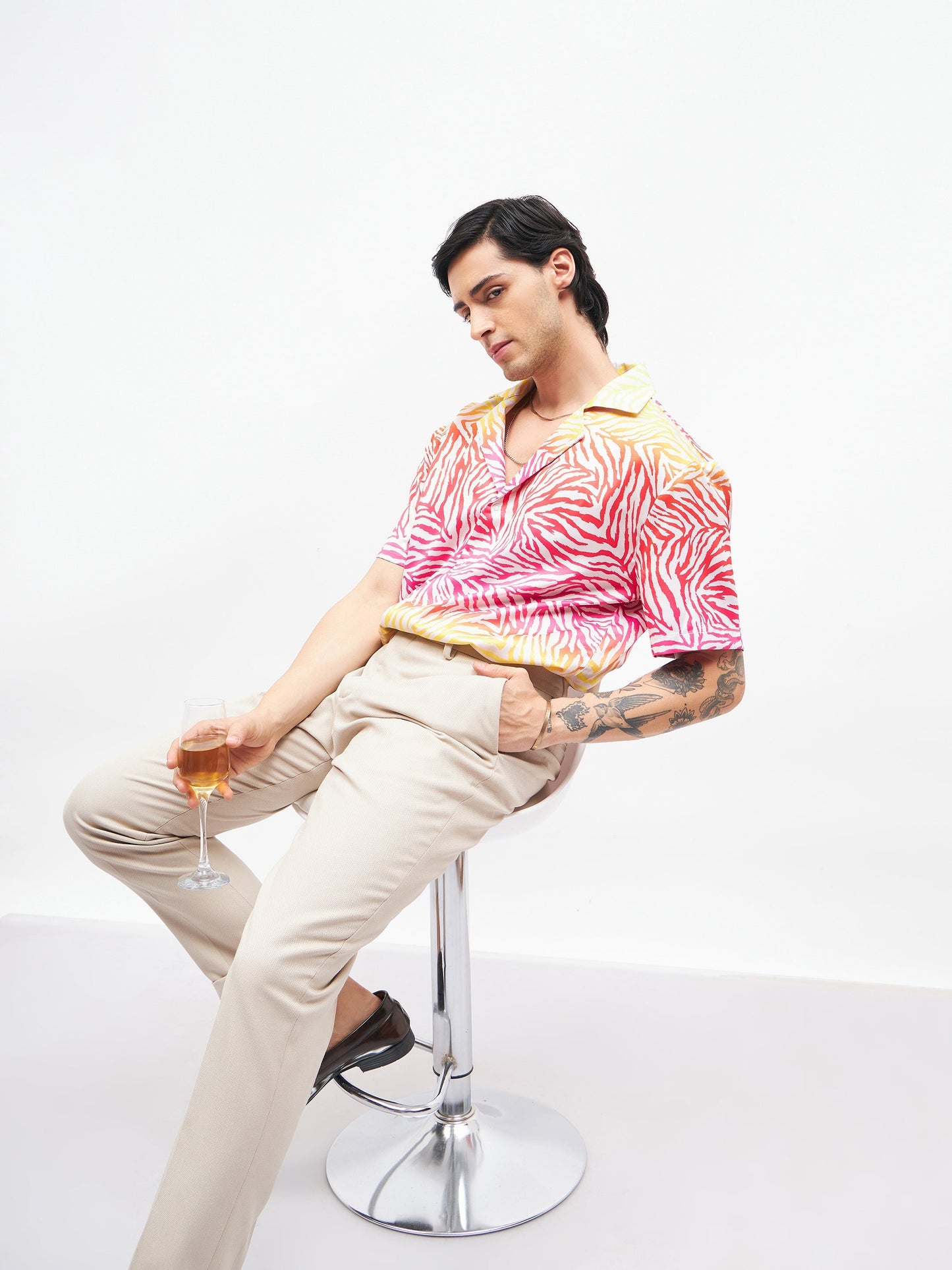 Men Pink Zebra Short Sleeves Satin Shirt