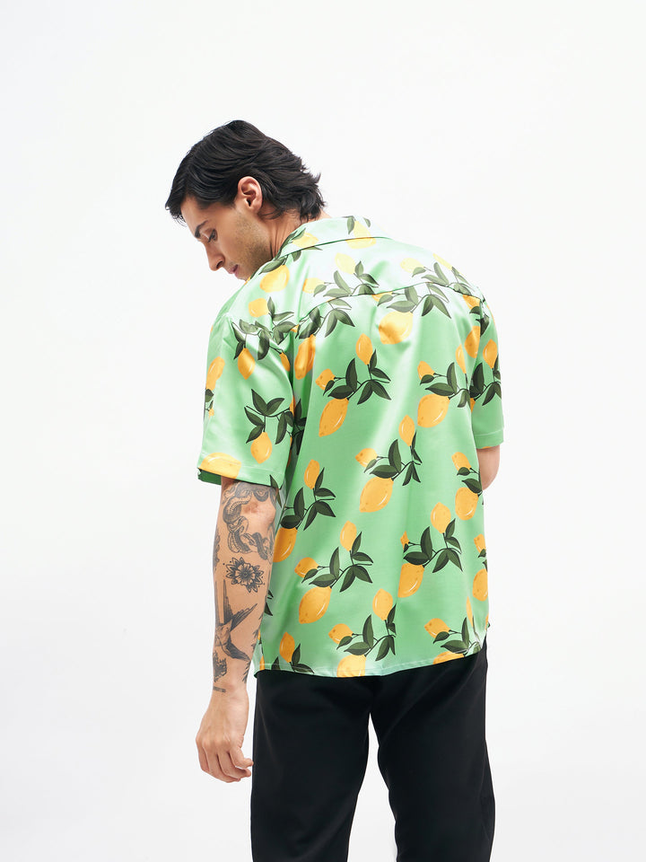 Men Green Tropical Short Sleeves Satin Shirt