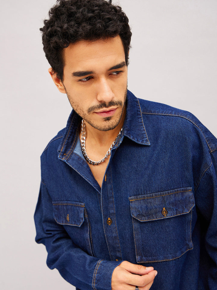 Men Navy Denim Oversized Shirt