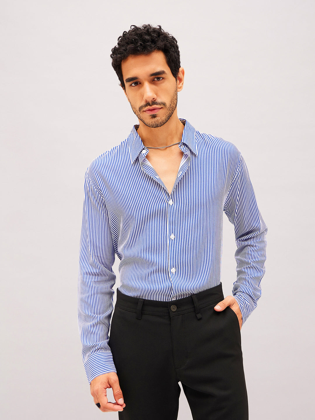 Men White &amp; Blue Stripes Relax Fit Shirt