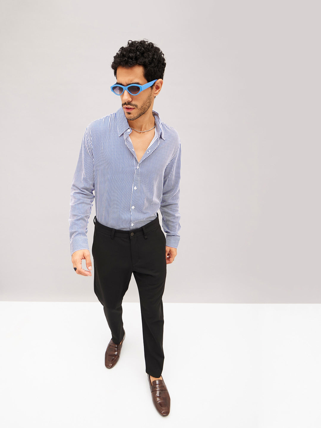 Men White &amp; Blue Stripes Relax Fit Shirt