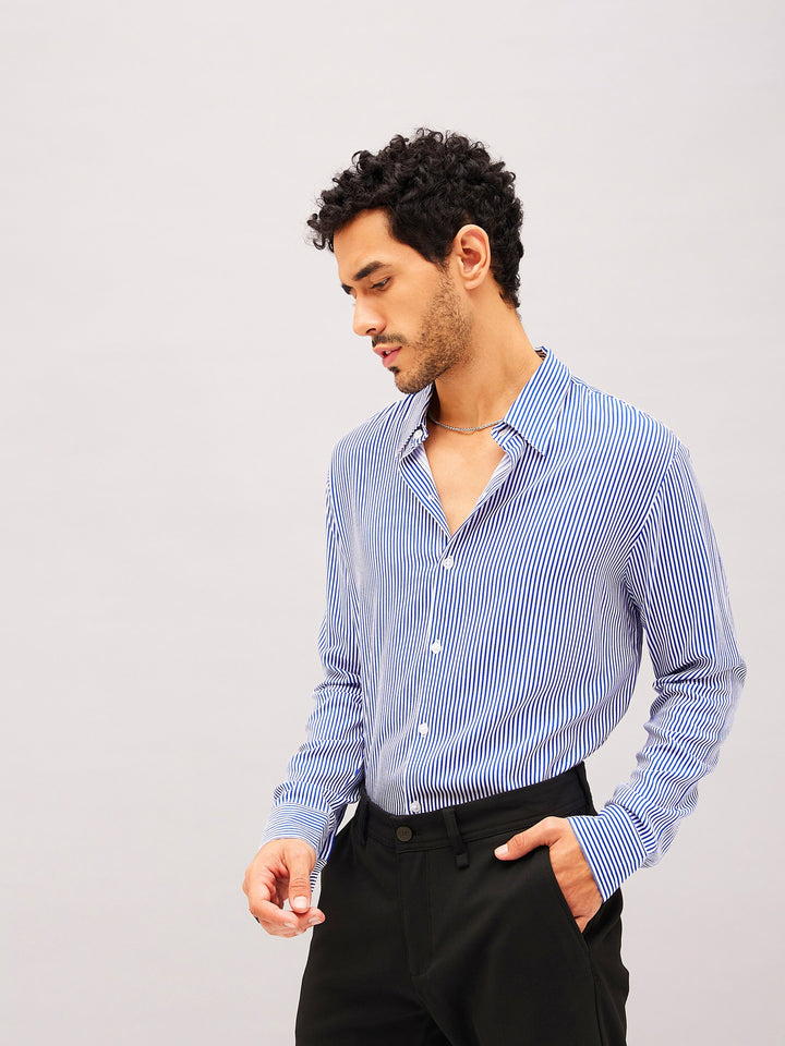 Men White &amp; Blue Stripes Relax Fit Shirt