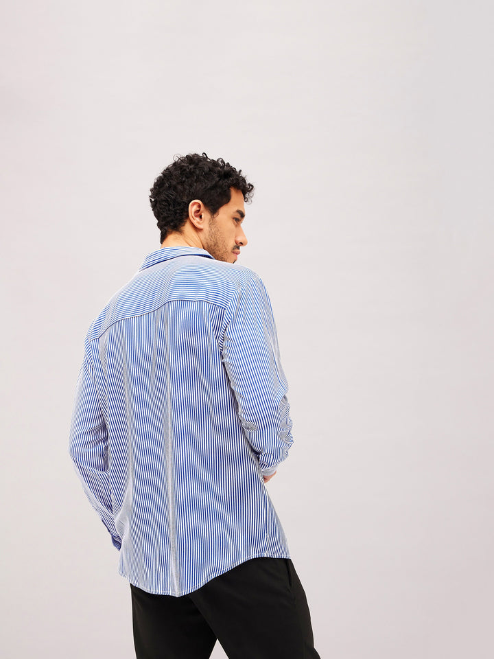 Men White &amp; Blue Stripes Relax Fit Shirt