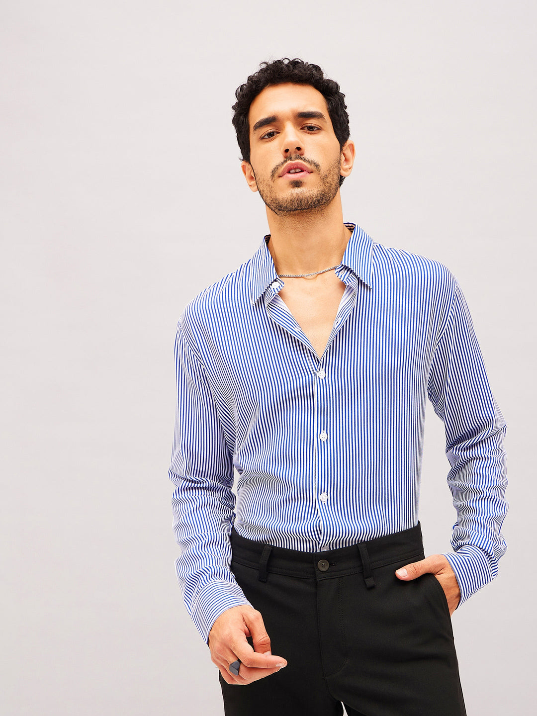 Men White &amp; Blue Stripes Relax Fit Shirt
