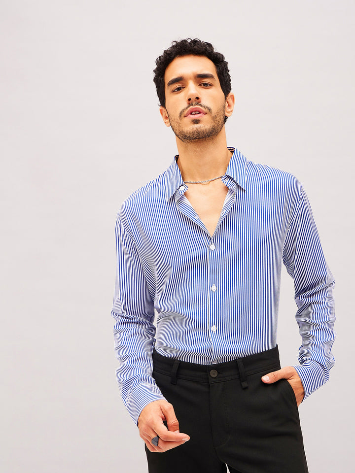 Men White &amp; Blue Stripes Relax Fit Shirt