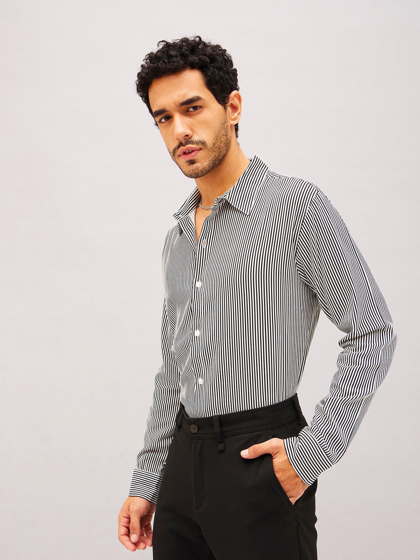 Men White & Black Stripes Relax Fit Shirt