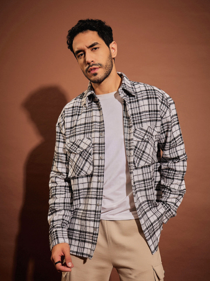 Men Black &amp; White Check Box Pocket Oversized Shirt