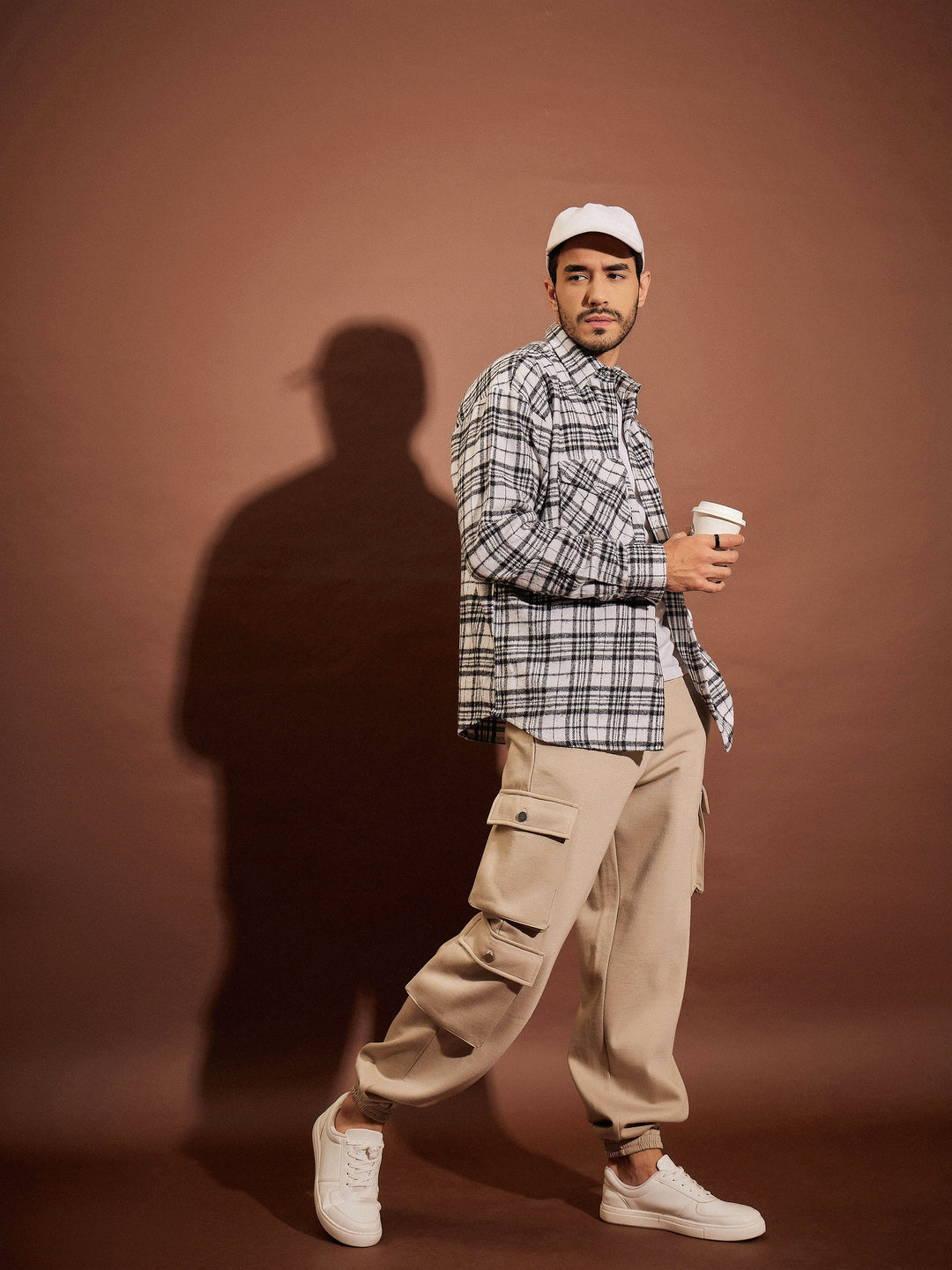 Men Black &amp; White Check Box Pocket Oversized Shirt