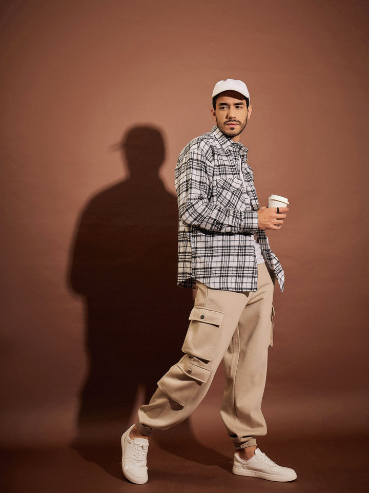 Men Black &amp; White Check Box Pocket Oversized Shirt