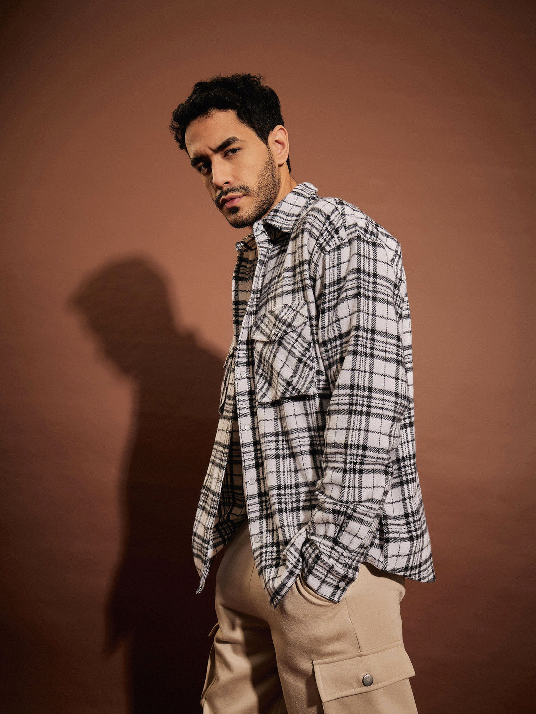 Men Black &amp; White Check Box Pocket Oversized Shirt