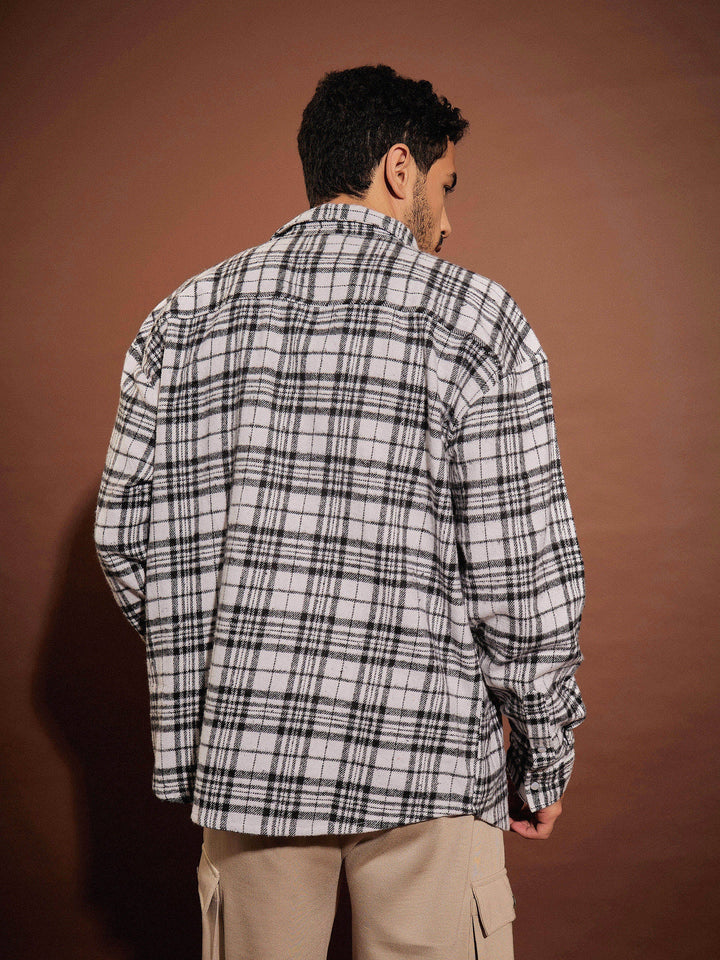 Men Black &amp; White Check Box Pocket Oversized Shirt