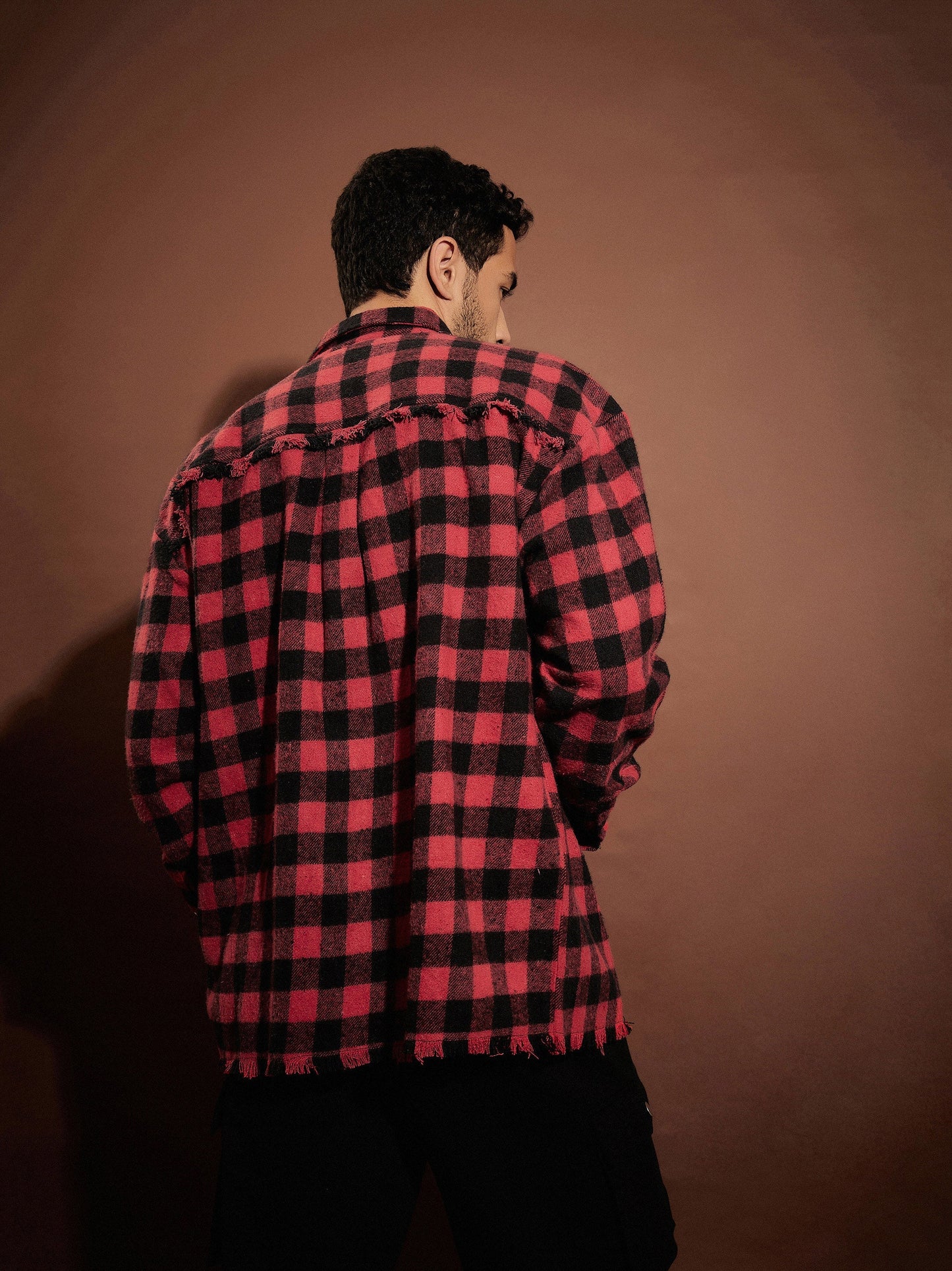 Men Red & Black Check Raw Edge Oversized Shirt