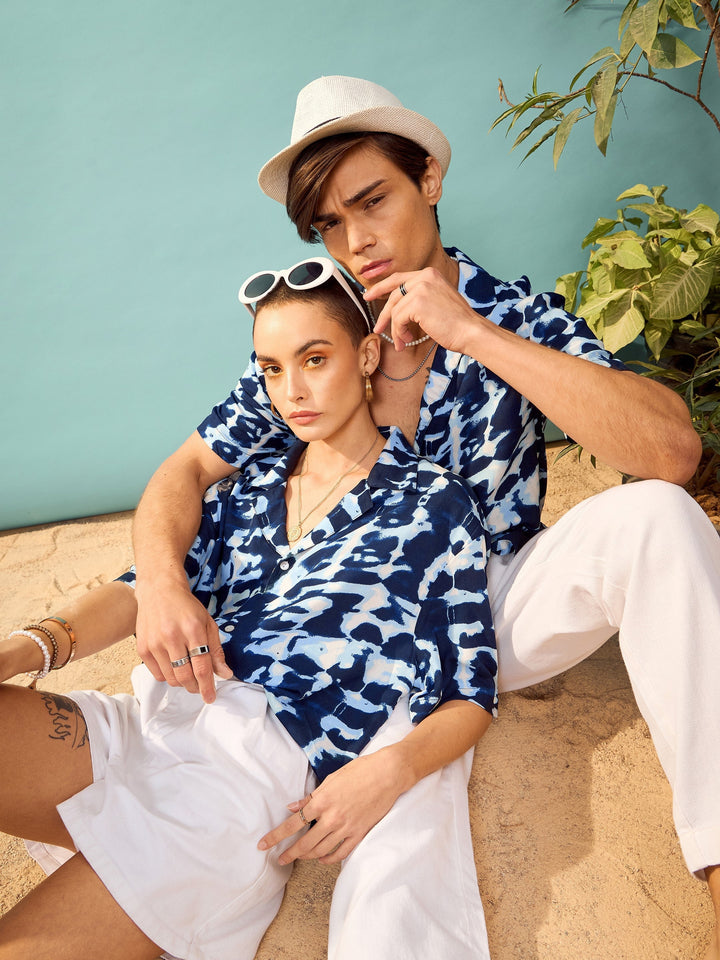 Unisex Navy &amp; White Abstract Print Relax Fit Shirt