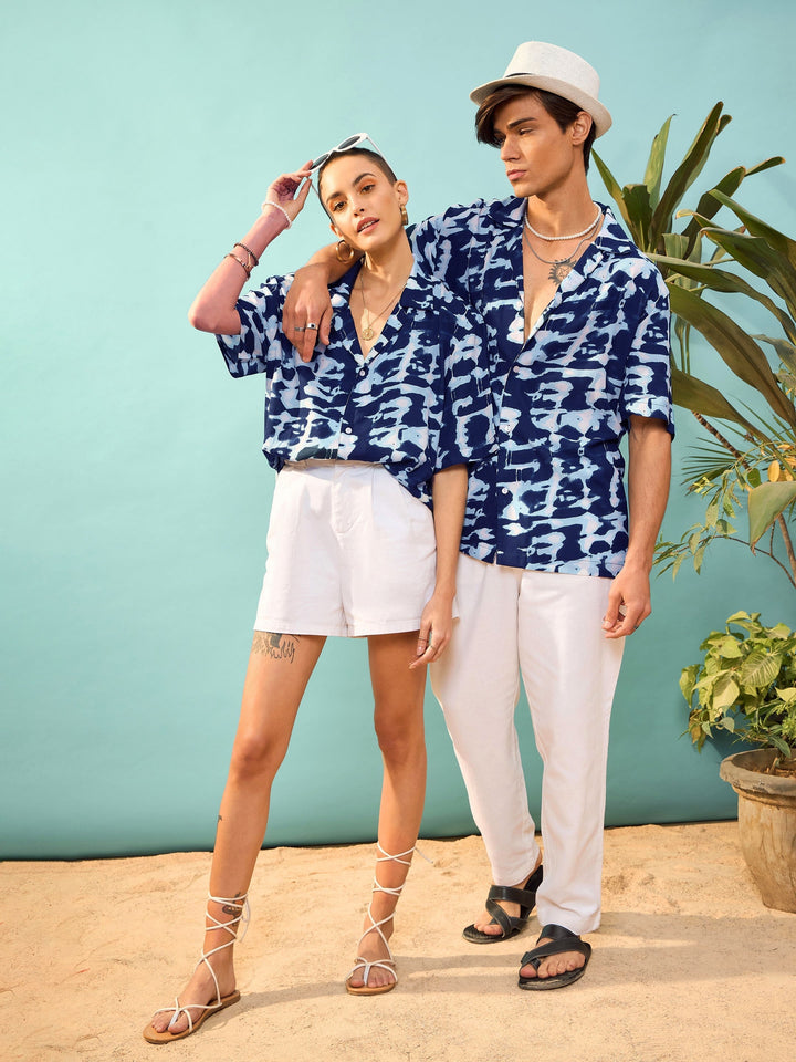 Unisex Navy &amp; White Abstract Print Relax Fit Shirt