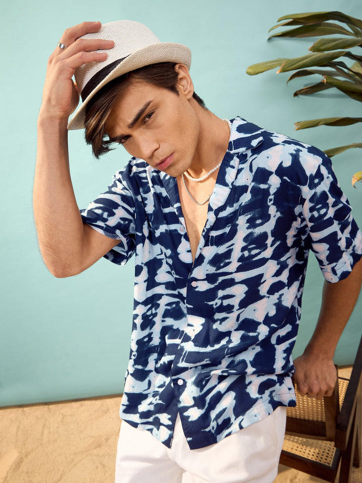 Unisex Navy &amp; White Abstract Print Relax Fit Shirt
