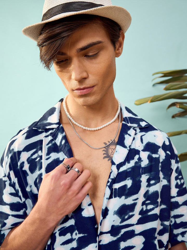 Unisex Navy &amp; White Abstract Print Relax Fit Shirt