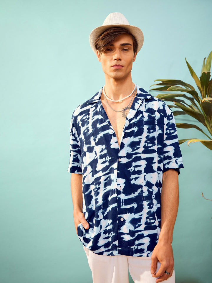 Unisex Navy &amp; White Abstract Print Relax Fit Shirt