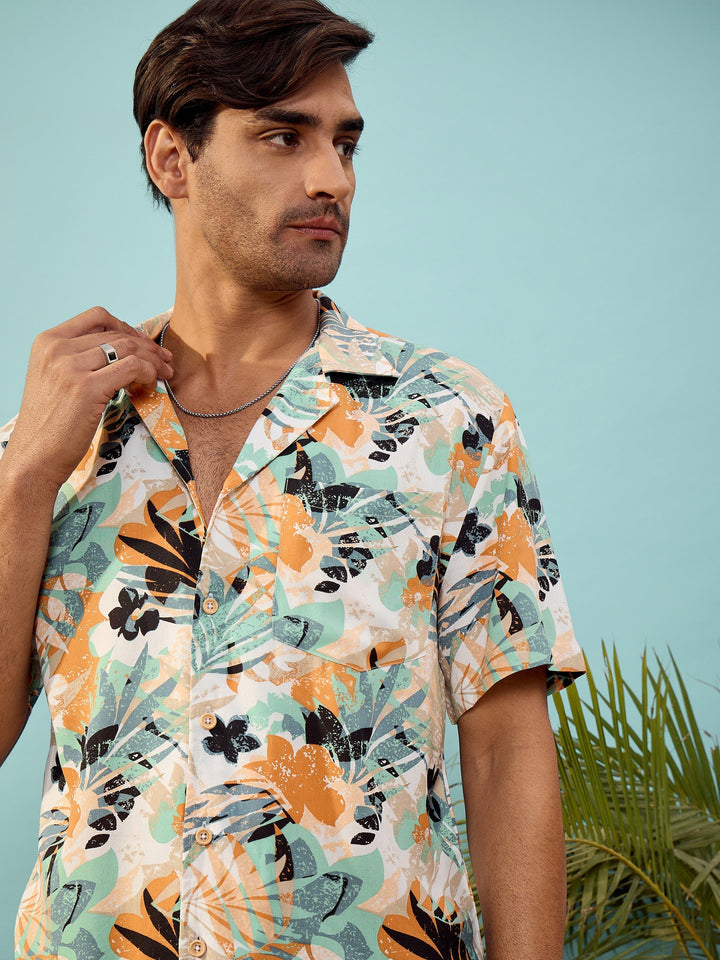 Unisex White Tropical Print Relax Fit Shirt